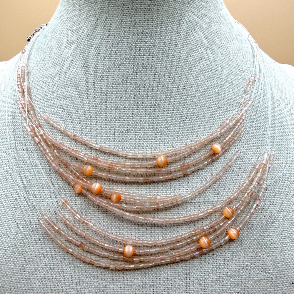 Peach Pink Multi Strand Seed Bead Necklace Orange Cat Eye Beads Layered Boho
